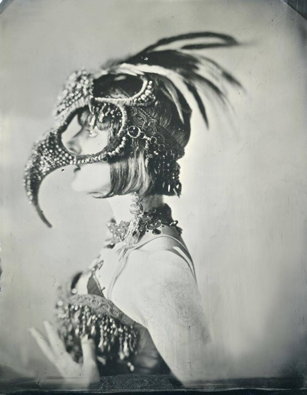 (c) Photography by Allan Barnes (half plate tintype) Beautiful Cleo Viper, Burlesque Dancer, Los Angeles CA 6.26.2013 Headpiece:Candice Angélini